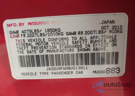 2011 Mitsubishi Lancer Gts z USA, uszkodzony, nr VIN JA32U8FW3BU013911